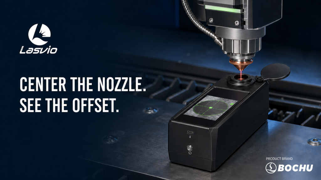 Fiber laser nozzle centering with a BOCHU MCD100 screen-guided alignment device