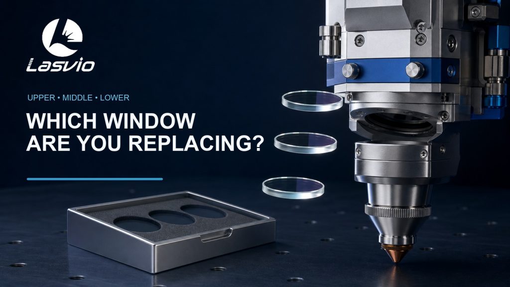 Three protective windows shown beside a fiber laser cutting head to illustrate upper, middle and lower installation positions
