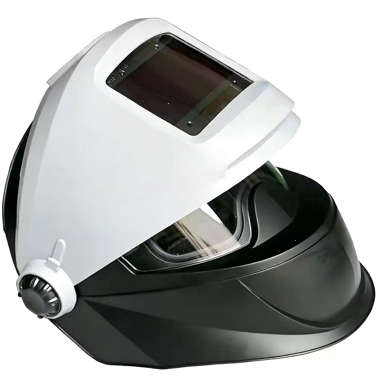 White and black welding helmet with the front auto-darkening section raised