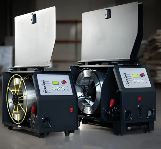 Internal structure of industrial laser wire feeder showing 15kg wire spool capacity